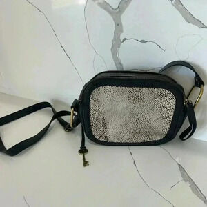 Fossil Black Elle Crossbody Bag Animal Print Cow Hide Calf Hair Leather Real Fur